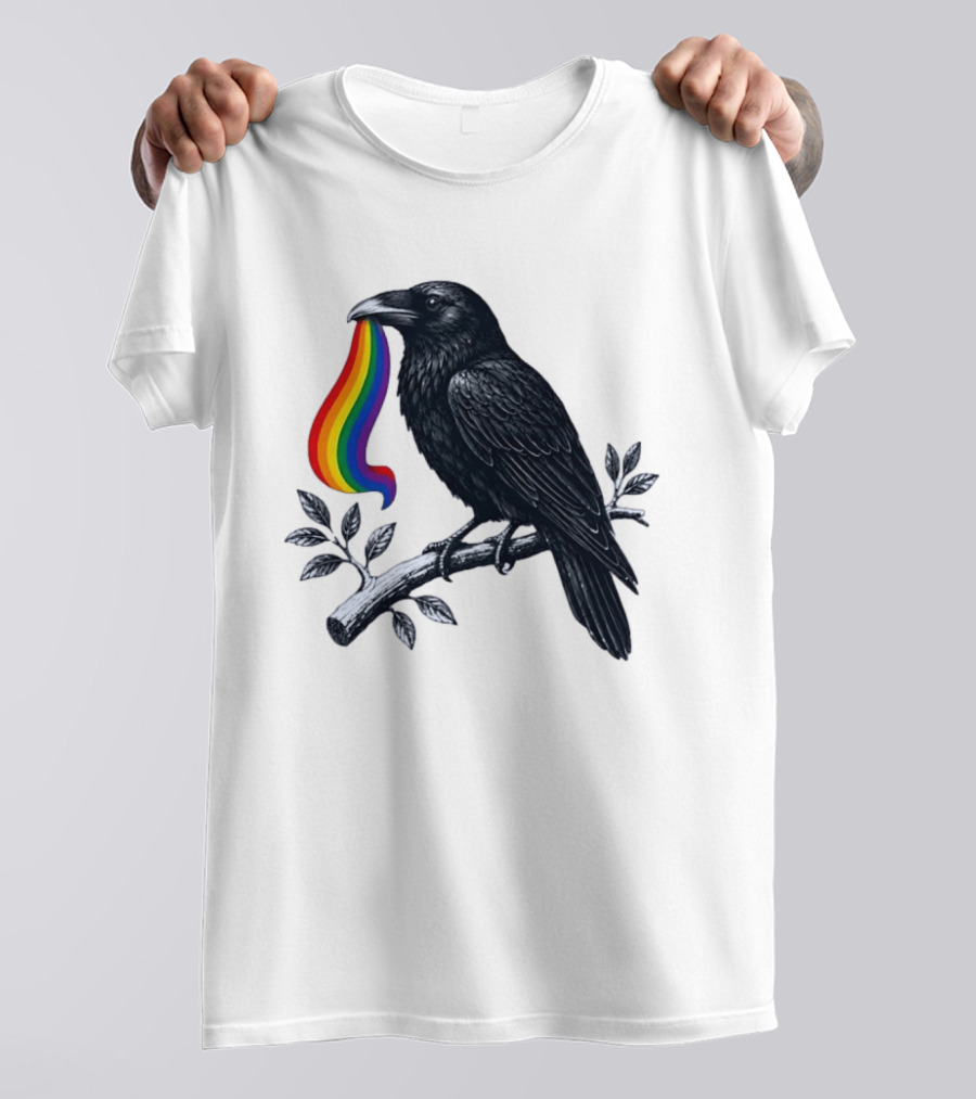 Rainbow Raven Pride Bird Holding Colorful Ribbon On Branch T-Shirt