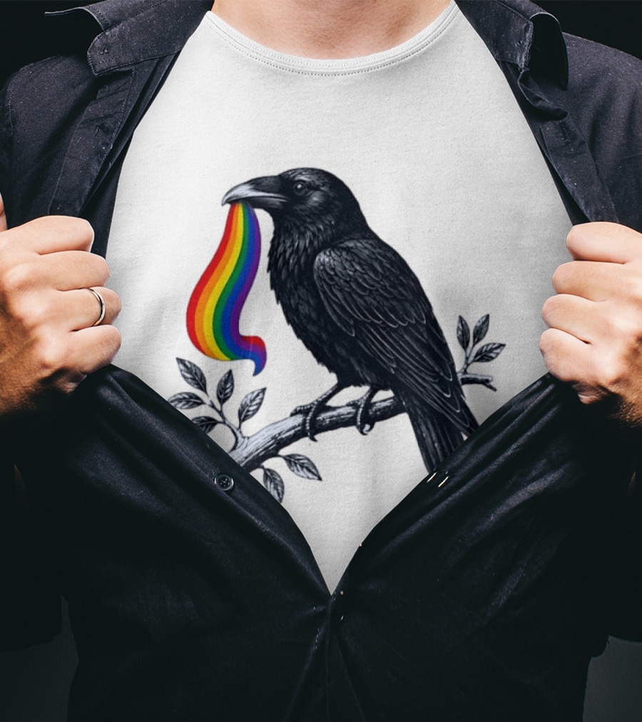 Rainbow Raven Pride Bird Holding Colorful Ribbon On Branch T-Shirt