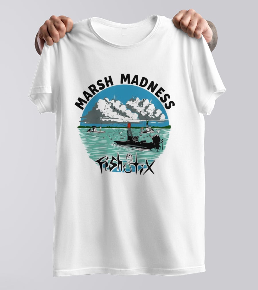 Marsh Madness Fishstix Boat Fishing Scene T-Shirt