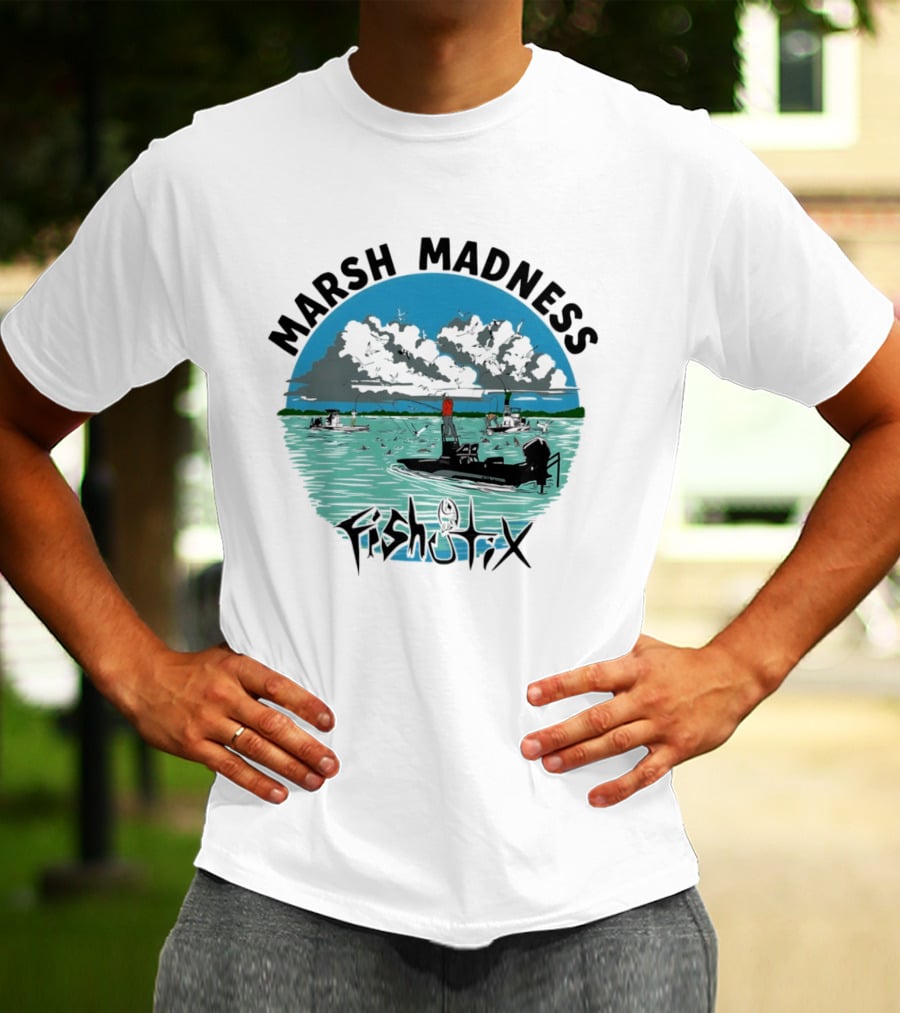 Marsh Madness Fishstix Boat Fishing Scene T-Shirt