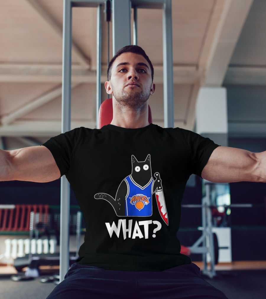 New York Knicks Cat Holding Knife Halloween WHAT T-Shirt
