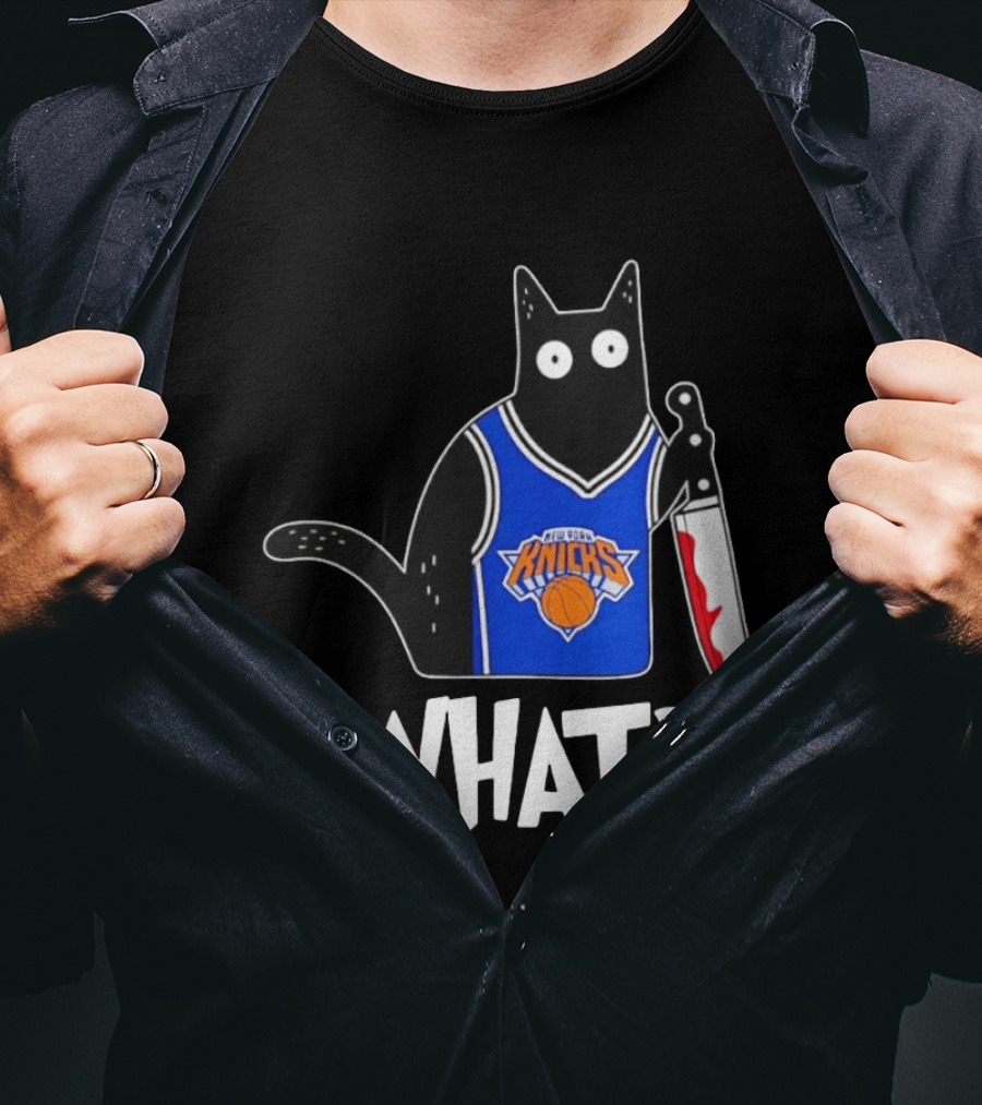 New York Knicks Cat Holding Knife Halloween WHAT T-Shirt