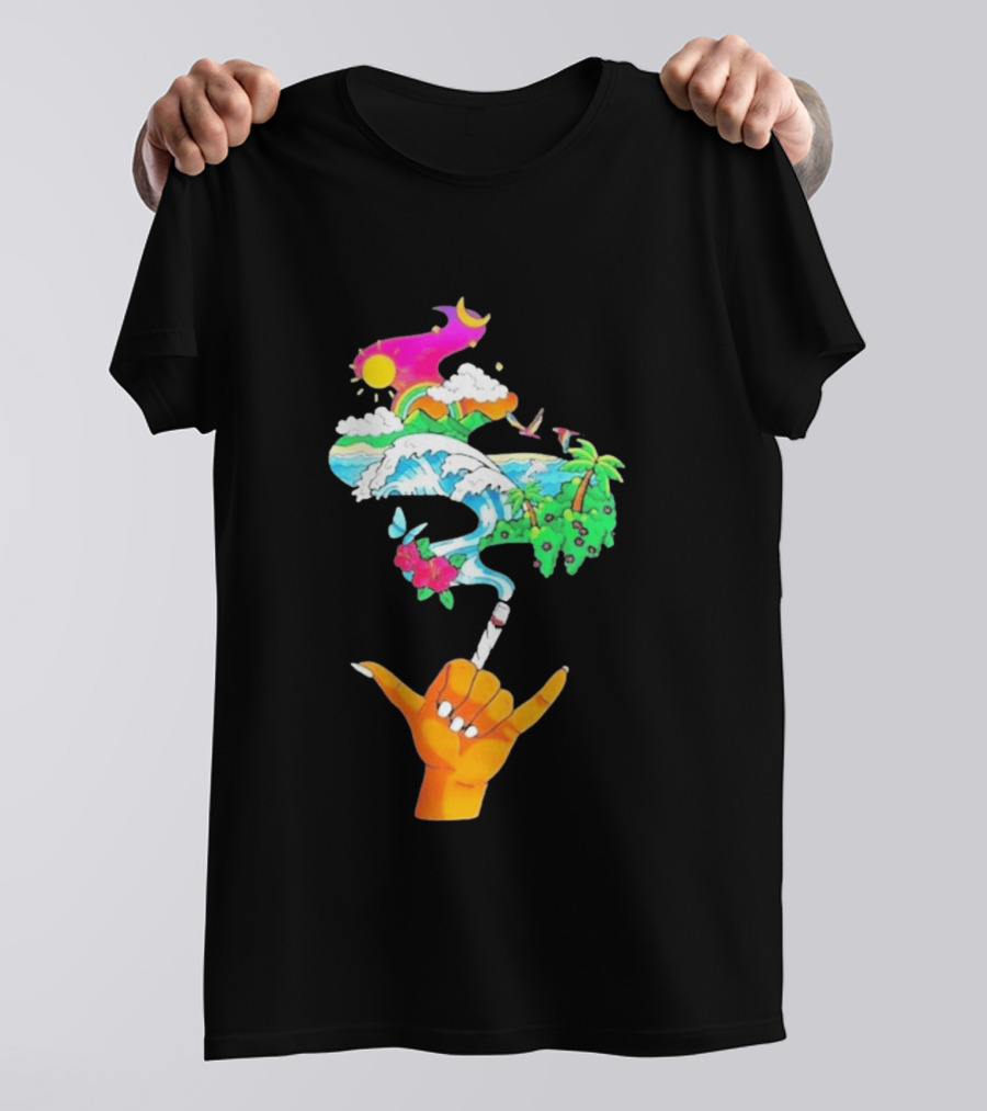 Shaka Hand Gesture With Tropical Island Wave And Colorful Clouds T-Shirt