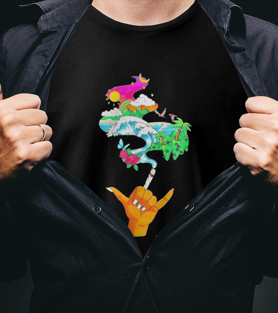 Shaka Hand Gesture With Tropical Island Wave And Colorful Clouds T-Shirt