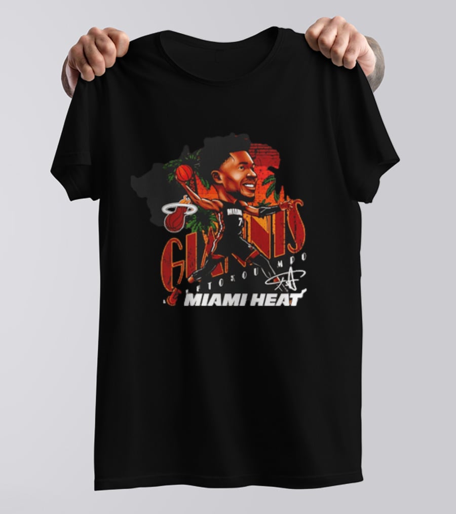Giannis Antetokounmpo Miami Heat Cartoon Basketball Graphic Palm Trees T-Shirt