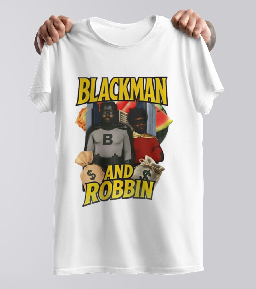 Blackman And Robbin Superhero Satire Comedy Money Bags Cityscape T-Shirt