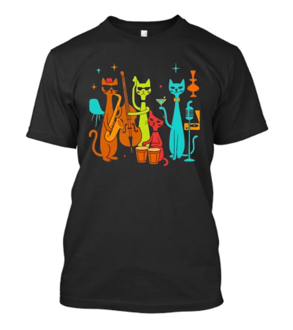 Jazz Cat Quartet Playing Instruments Bass Bongo Trumpet Martini T-Shirt