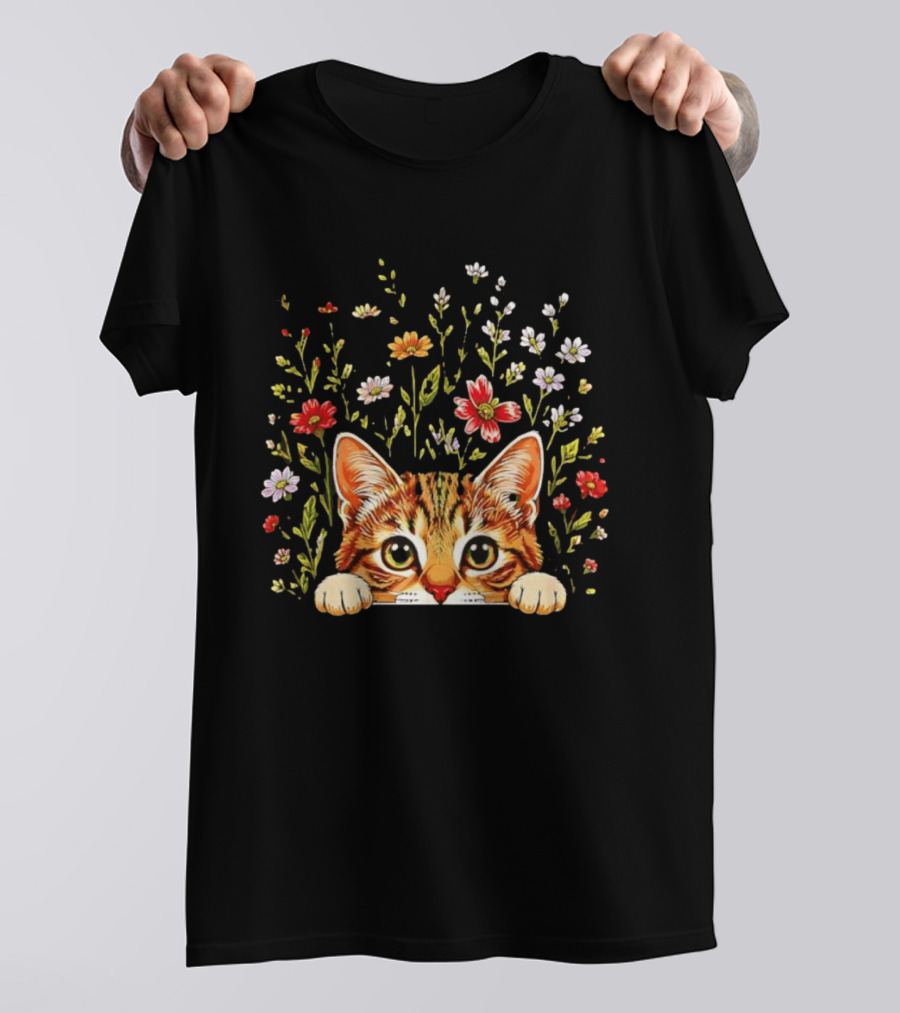 Tabby Kitten Head Through Wildflowers Florals T-Shirt