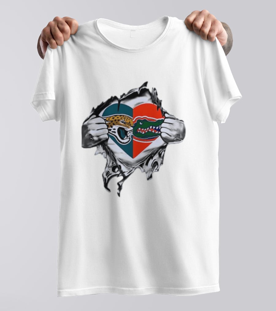Heart Jacksonville Jaguars Florida Gators Ripped Chest T-Shirt