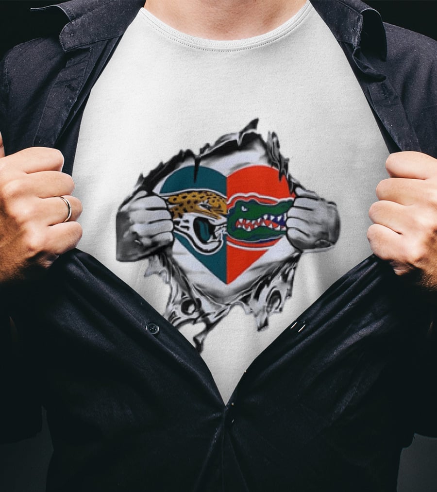 Heart Jacksonville Jaguars Florida Gators Ripped Chest T-Shirt