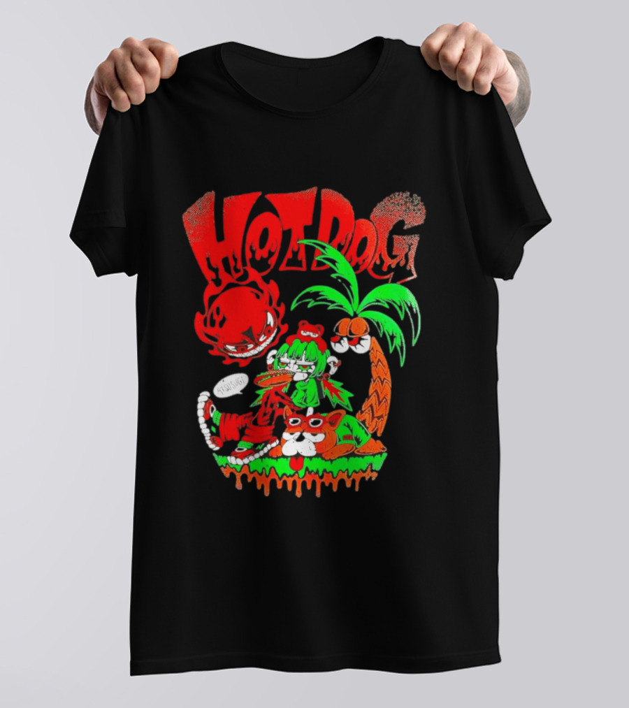 Hotdog Atsusugi Girl With Bear Hat And Dog Under Palm Tree T-Shirt