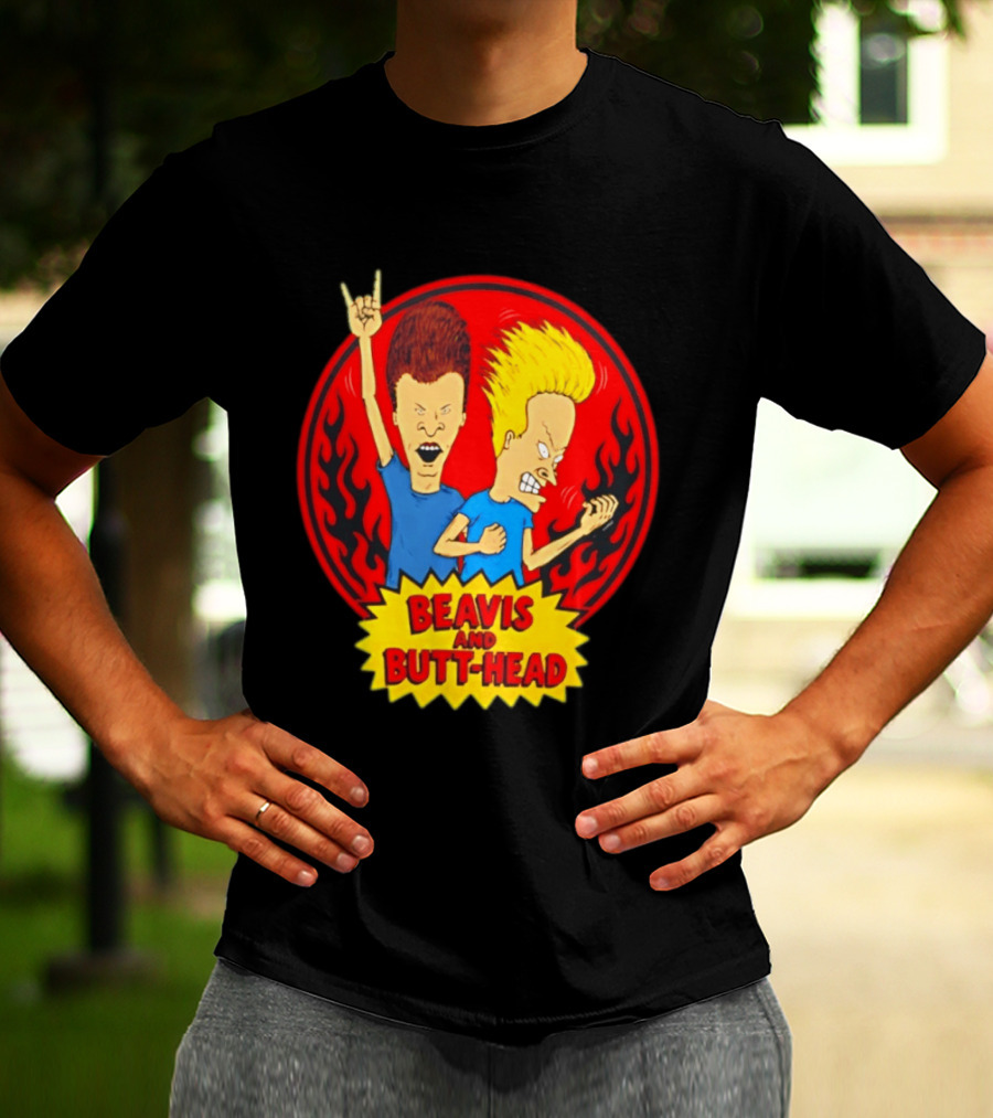 Beavis And Butt Head Rocking Out Flames Circle T-Shirt