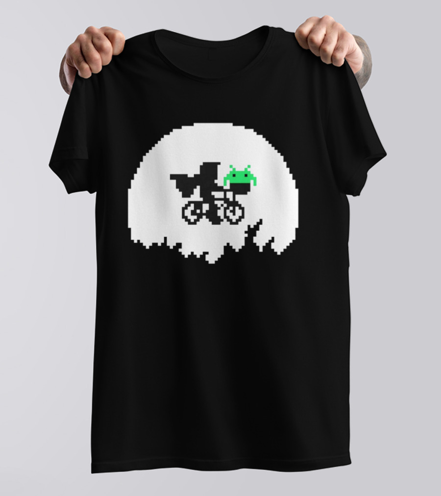 Elliott And Extra Terrestrial On Bicycle With Space Invader Pixel T-Shirt