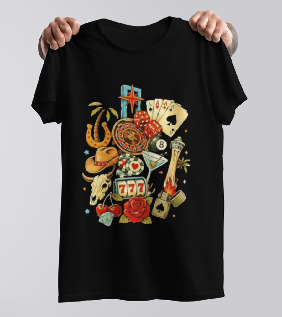 Las Vegas Casino Lucky Seven Poker Ace Of Spades Roulette Dice Palm Tree Horseshoe Rose Martini Skyscraper T-Shirt