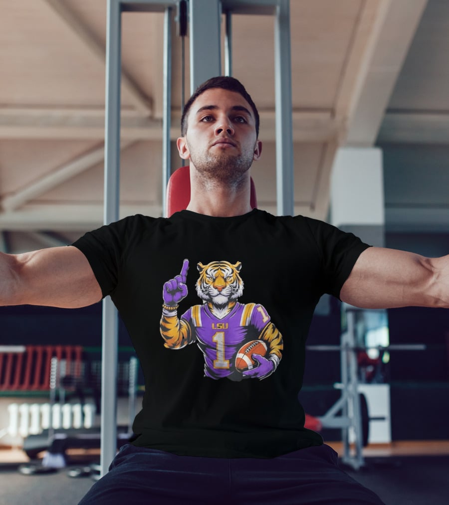 LSU Tiger Football Pointing Number 1 Holding Ball T-Shirt