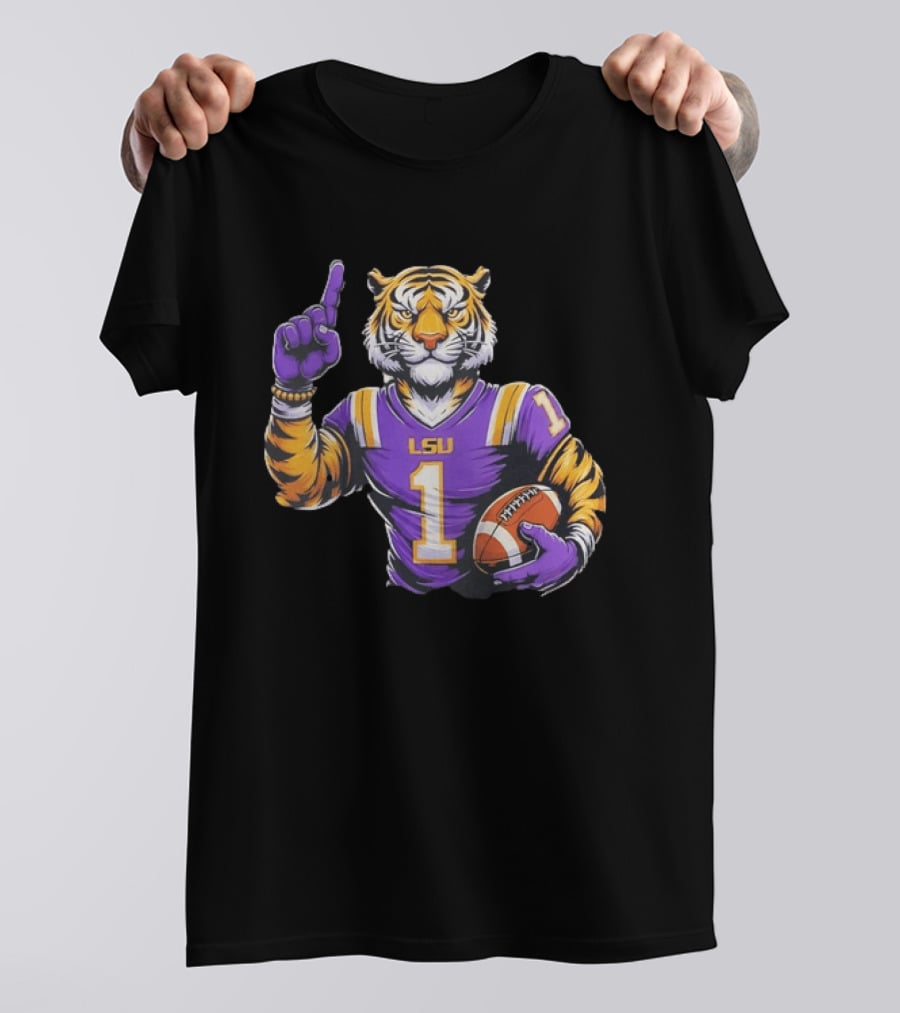 LSU Tiger Football Pointing Number 1 Holding Ball T-Shirt