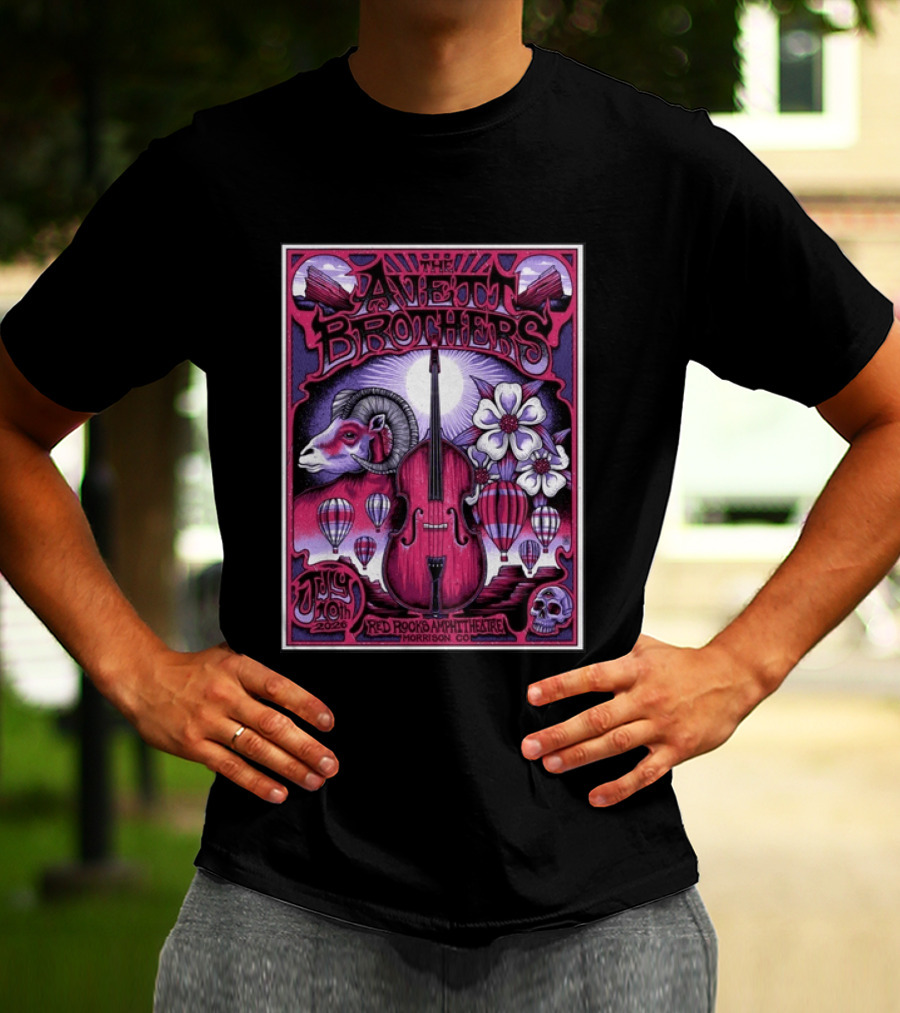 The Avett Brothers Red Rocks Amphitheatre Jul 10 2026 Morrison CO Hot Air Balloons Ram Violin Skull Art Flowers T-Shirt
