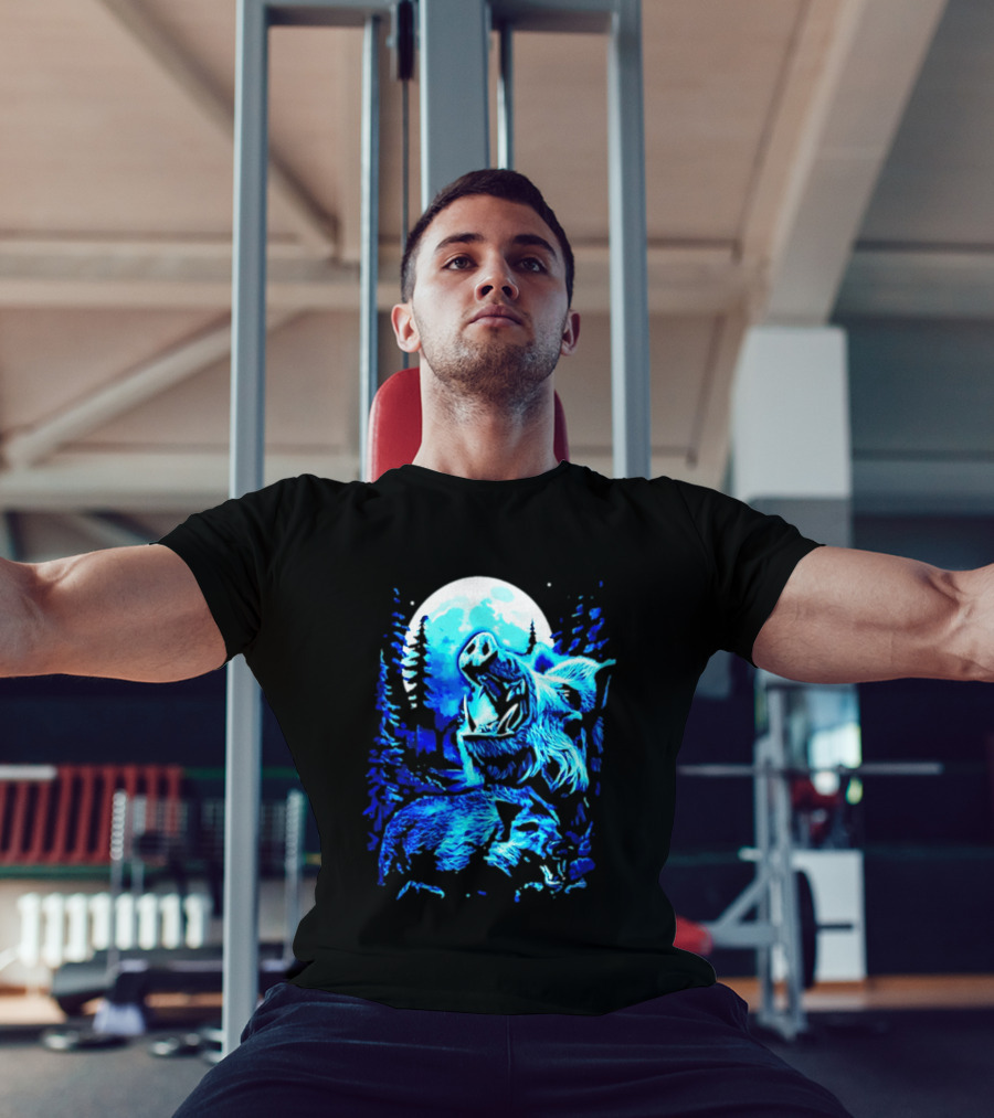 Wild Boar Howling At The Moon Under Mystical Forest Night Sky T-Shirt
