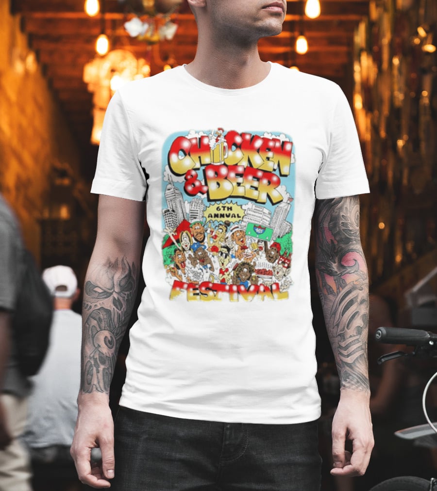6th Annual Chicken & Beer Festival Indianapolis Cartoon Cityscape Crowd Fun T-Shirt