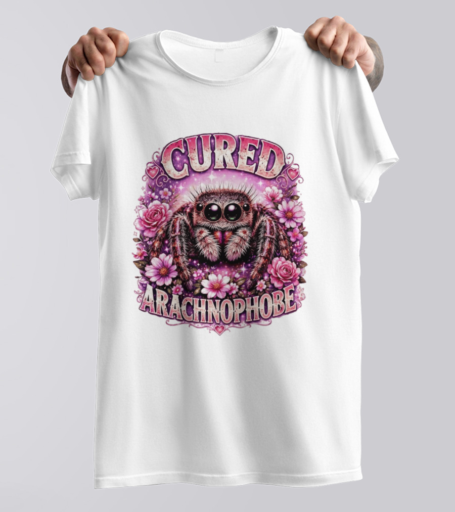 Cured Arachnophobe Jumping Spider Floral Hearts And Flowers T-Shirt