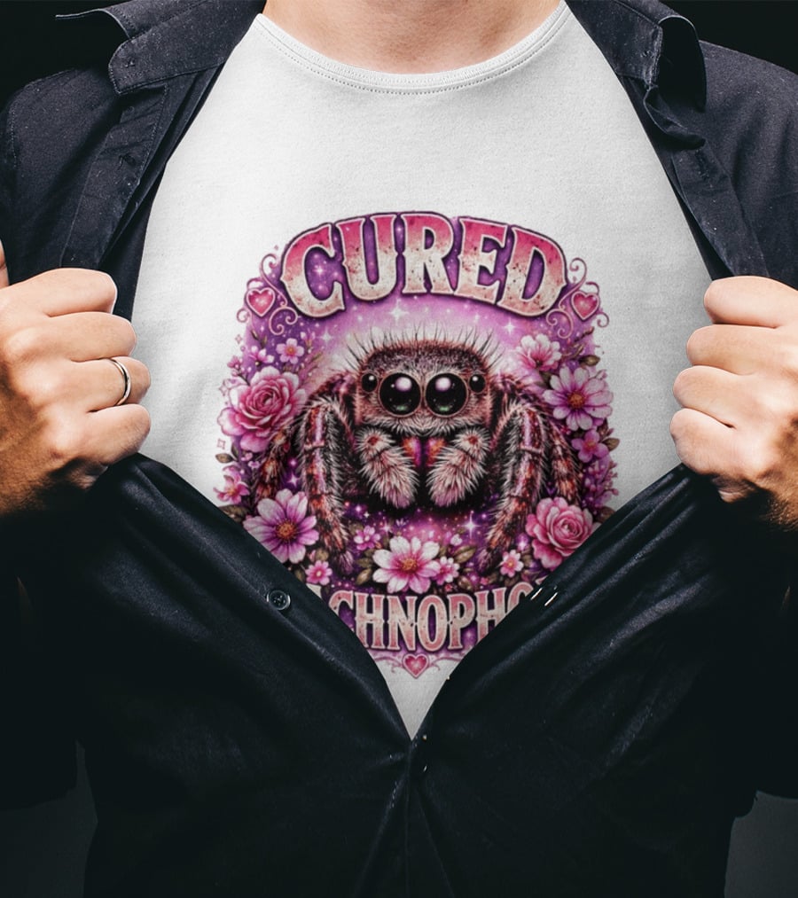 Cured Arachnophobe Jumping Spider Floral Hearts And Flowers T-Shirt