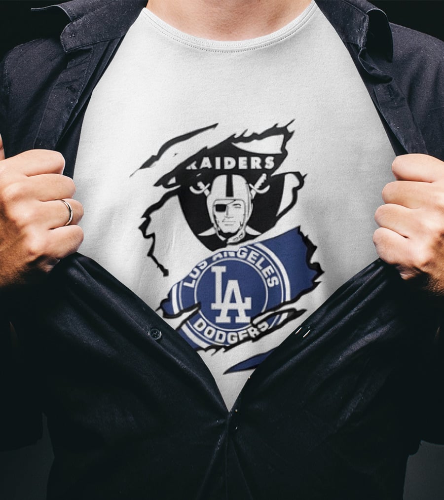 Raiders Los Angeles Dodgers Ripped Effect NFL MLB Crossover Fan Gear T-Shirt