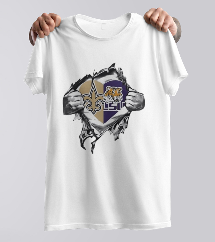 New Orleans Saints LSU Tigers Heart Hands Tearing Fleur De Lis Tiger Head T-Shirt