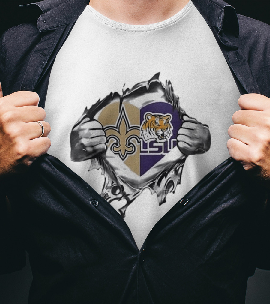 New Orleans Saints LSU Tigers Heart Hands Tearing Fleur De Lis Tiger Head T-Shirt