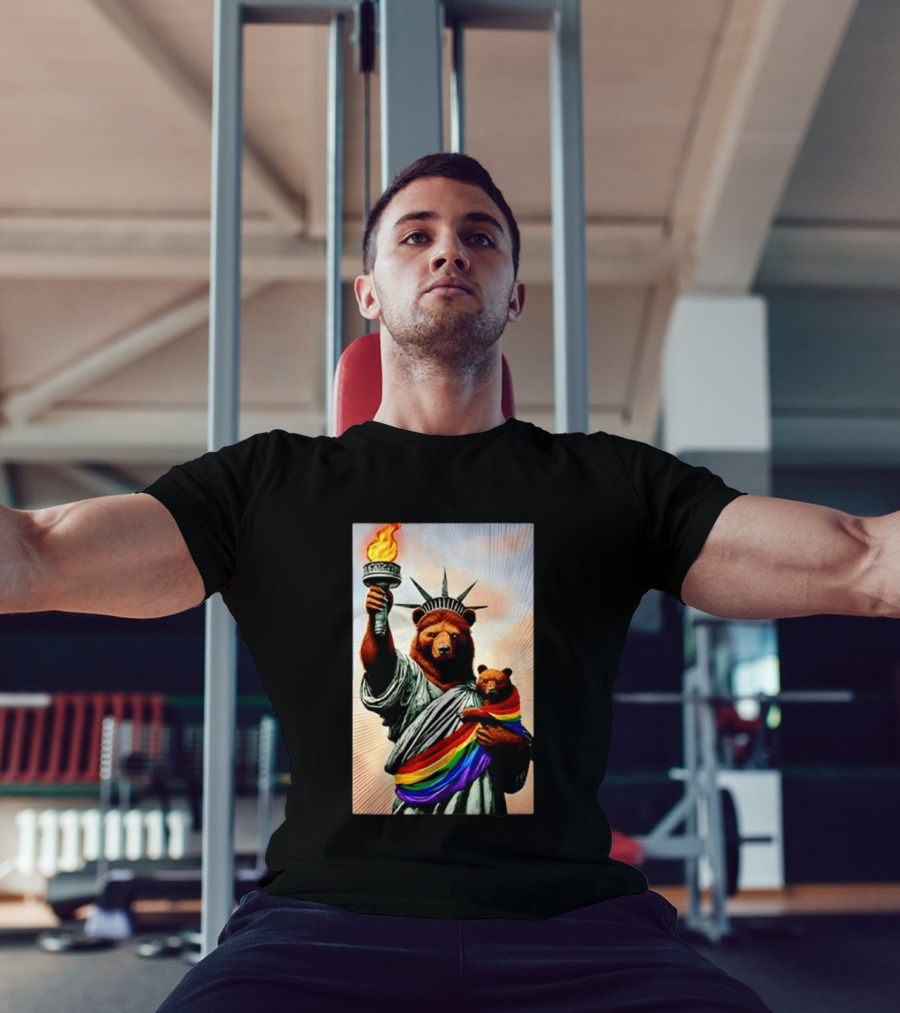 Bear Statues Liberty Rainbow Pride Torch T-Shirt