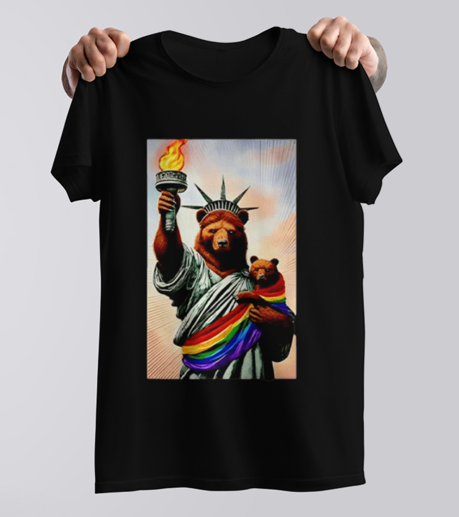 Bear Statues Liberty Rainbow Pride Torch T-Shirt