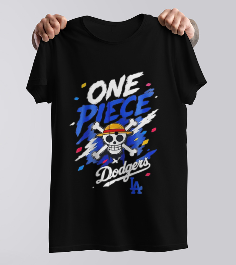One Piece Dodgers LA Crossover With Jolly Roger And Straw Hat T-Shirt