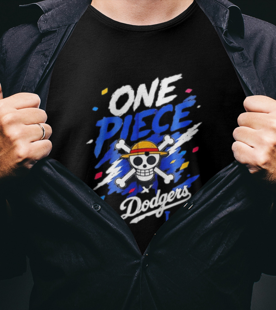 One Piece Dodgers LA Crossover With Jolly Roger And Straw Hat T-Shirt