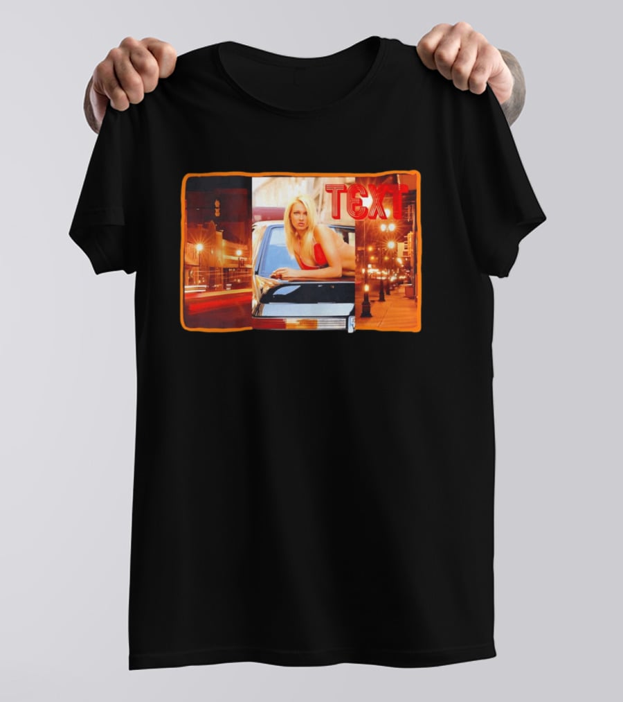 Blonde Woman In Red Bikini Leaning On Car At Night With Neon City Lights T-Shirt