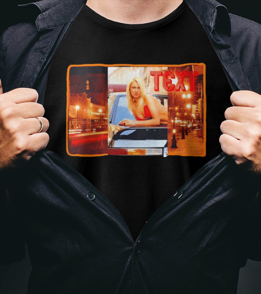 Blonde Woman In Red Bikini Leaning On Car At Night With Neon City Lights T-Shirt