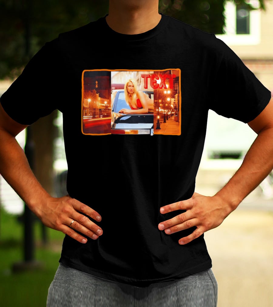 Blonde Woman In Red Bikini Leaning On Car At Night With Neon City Lights T-Shirt
