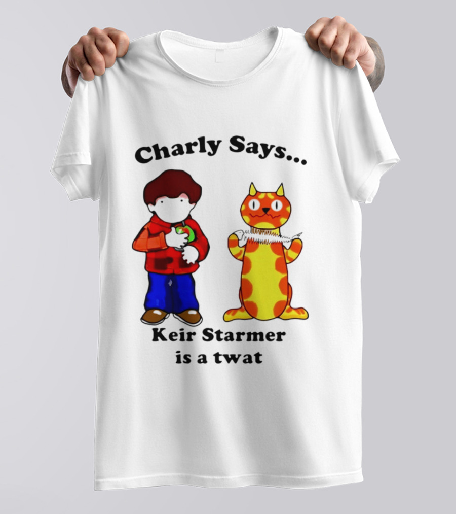 Charly Says Keir Starmer Is A Twat Comic Retro Style Cat And Kid T-Shirt