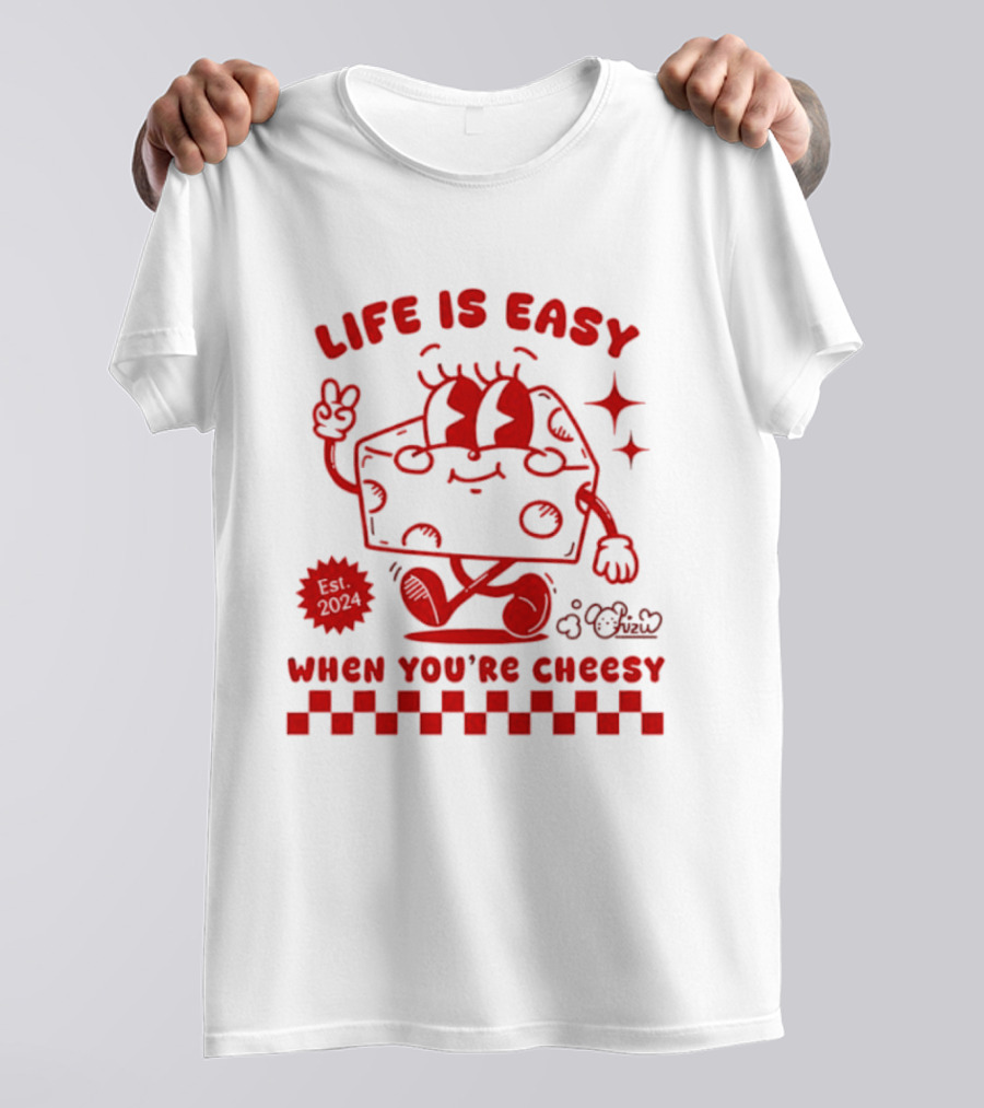 Life Is Easy When You're Cheesy Cartoon Cheese Character With Peace Sign And Stars T-Shirt