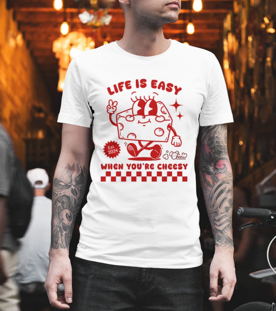 Life Is Easy When You're Cheesy Cartoon Cheese Character With Peace Sign And Stars T-Shirt