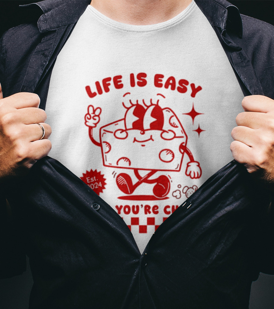 Life Is Easy When You're Cheesy Cartoon Cheese Character With Peace Sign And Stars T-Shirt