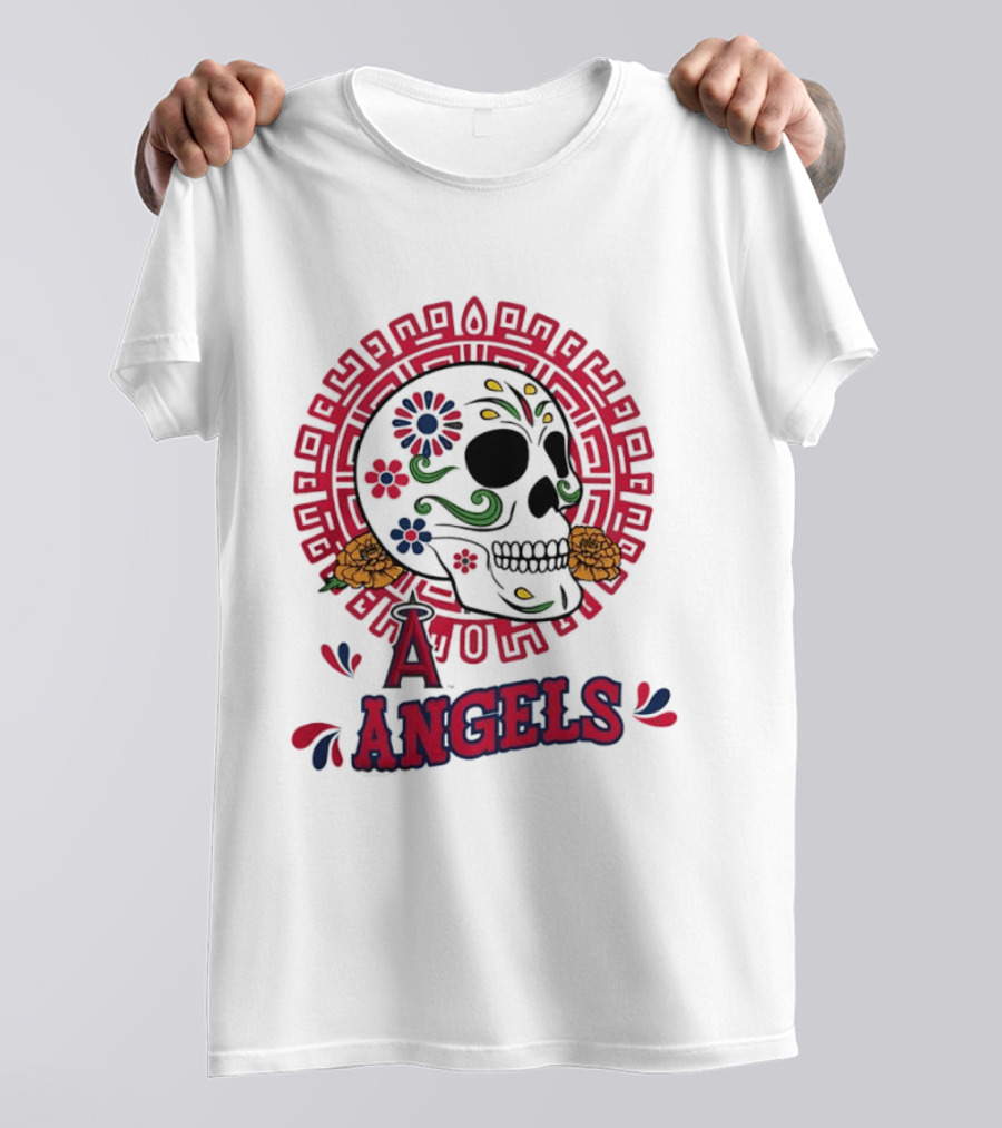 Los Angeles Angels Dia De Los Muertos Sugar Skull Aztec Calendar T-Shirt