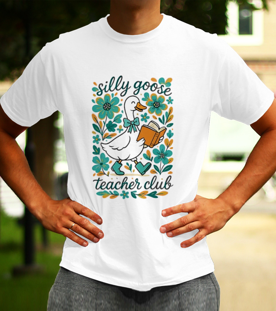 Silly Goose Teacher Club Reading Goose With Flowers And Rain Boots T-Shirt