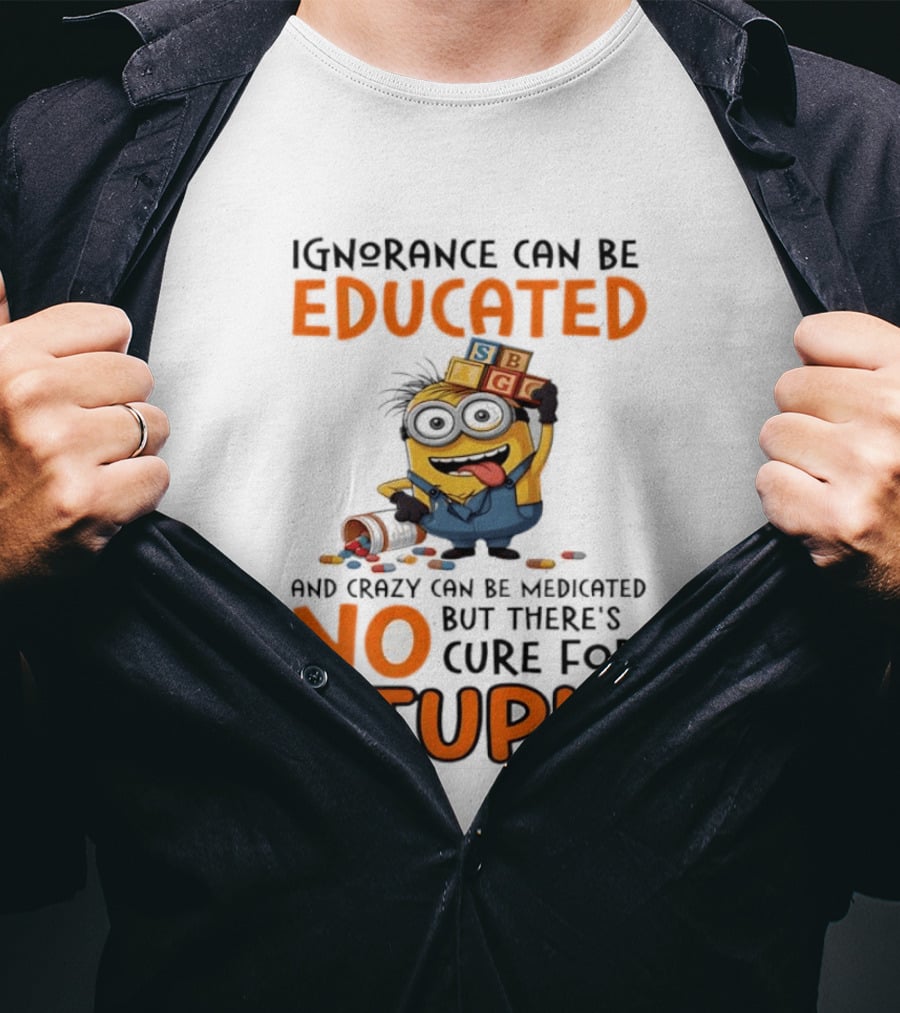 Minion Despicable Me Ignorance Can Be Educated Crazy Medicated No Cure Stupid T-Shirt