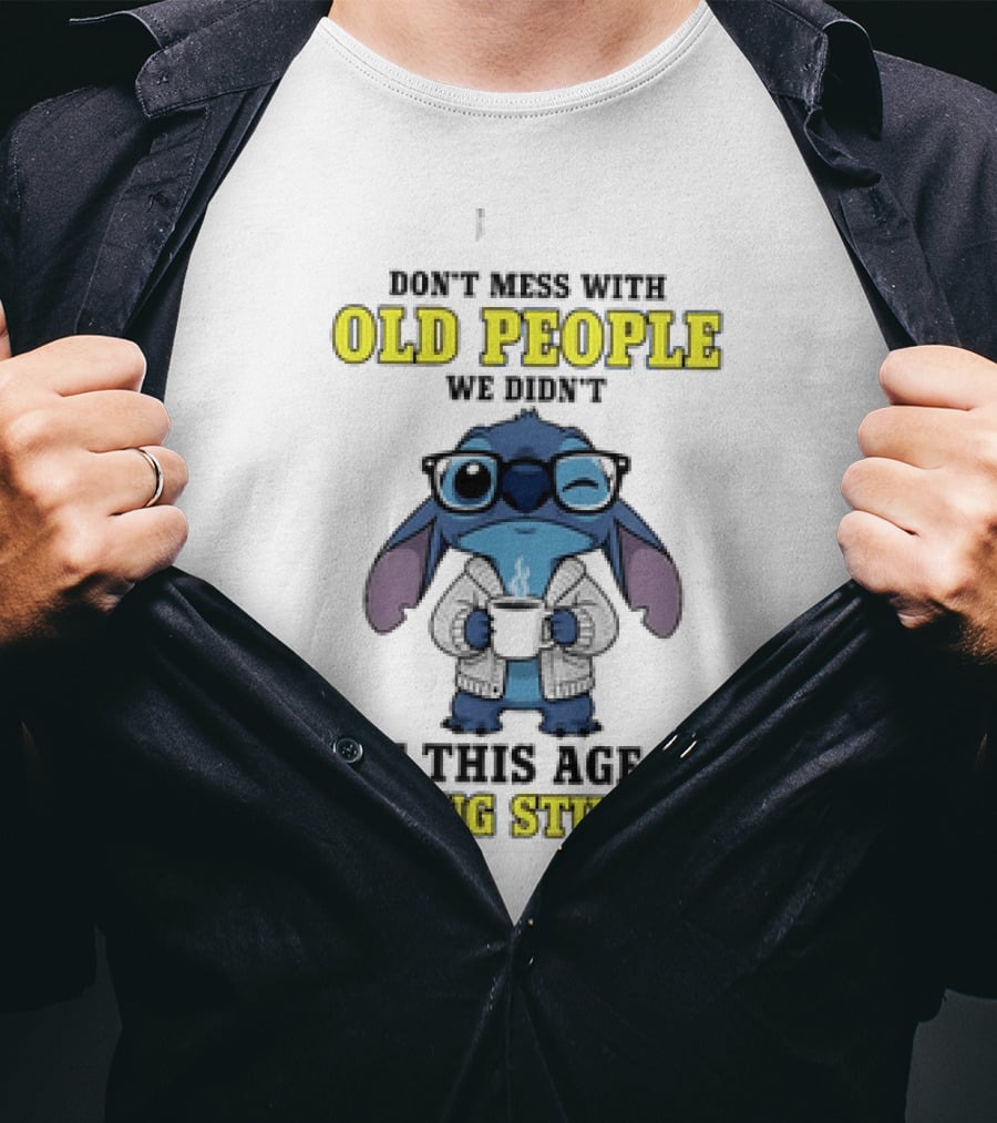 Stitch Don't Mess With Old People Winking Glasses Blue Character Image T-Shirt