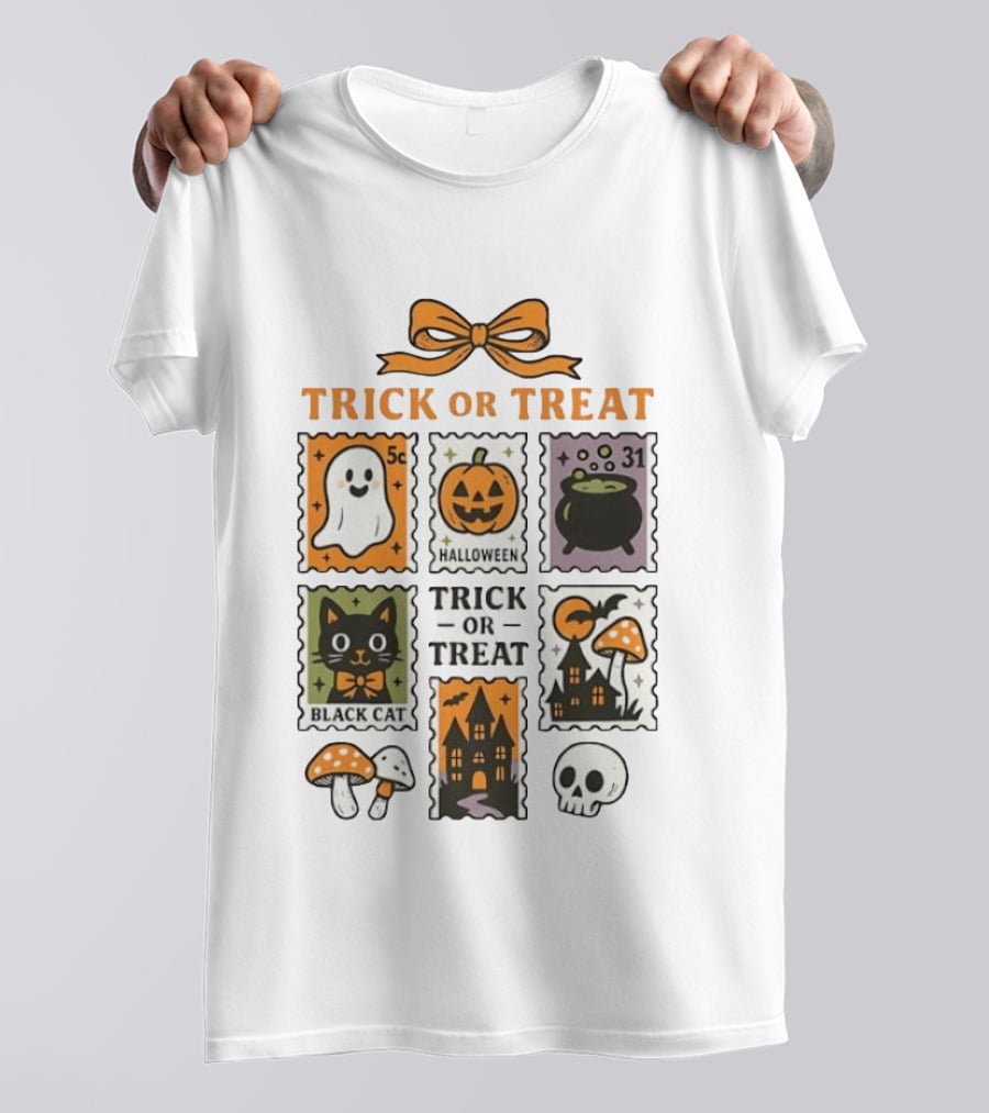Trick Or Treat Halloween Ghost Pumpkin Cauldron Black Cat Haunted House T-Shirt