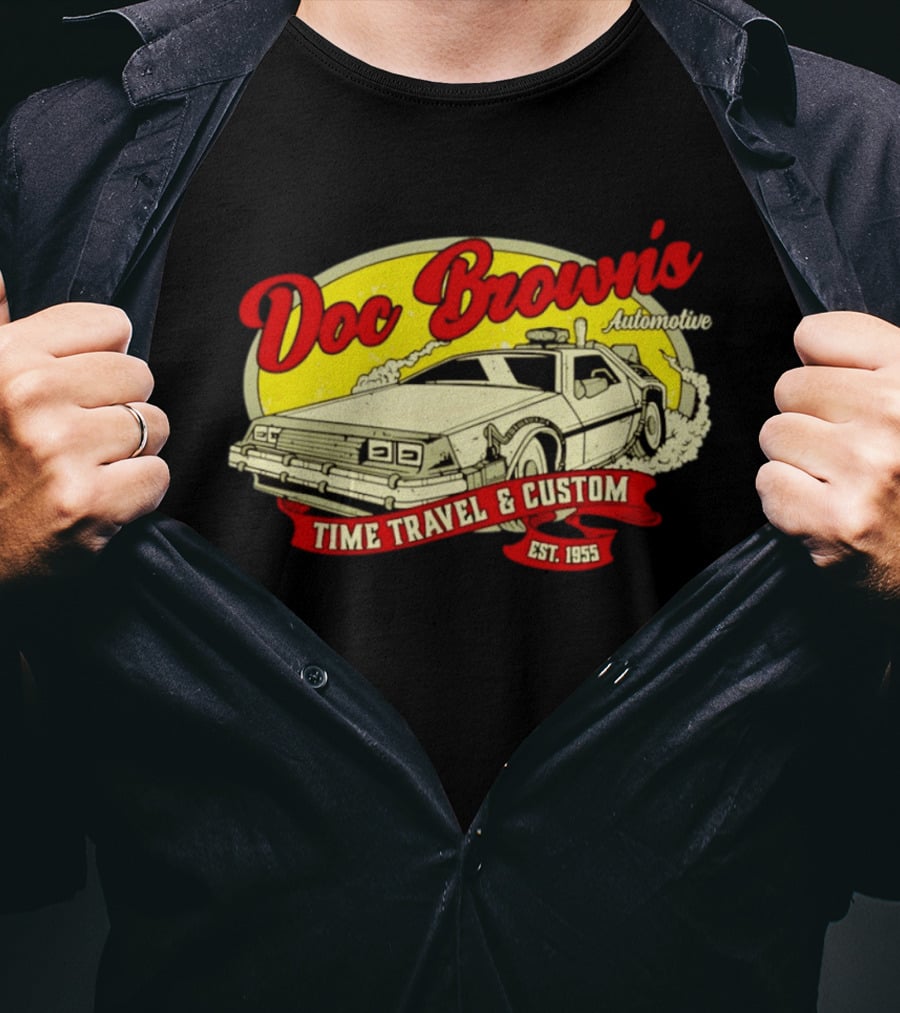 Doc Brown's Automotive Time Travel & Custom Est 1955 Classic DeLorean T-Shirt