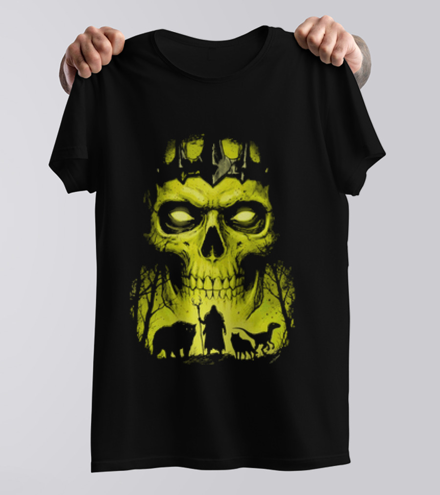 Lych Vs Druid Fantasy Dark Necromancer Skull T-Shirt