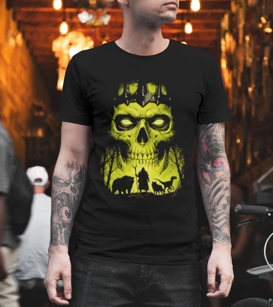 Lych Vs Druid Fantasy Dark Necromancer Skull T-Shirt