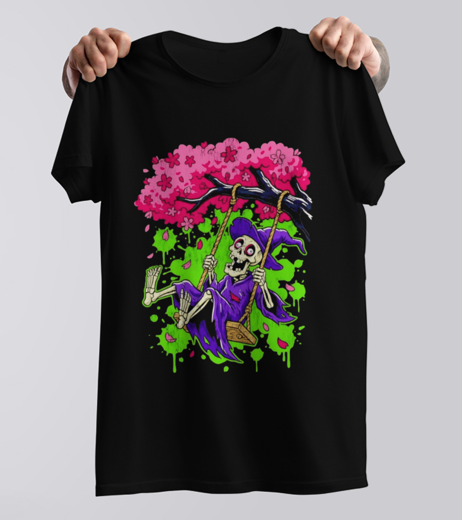 Morbid Whimsy Skeleton Witch Swinging Under Cherry Blossom Tree T-Shirt