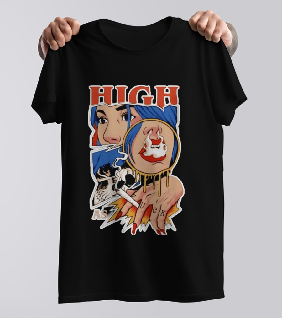 High As Fuck Smoking Skull Woman With Blue Hair And Tattooed Hand T-Shirt