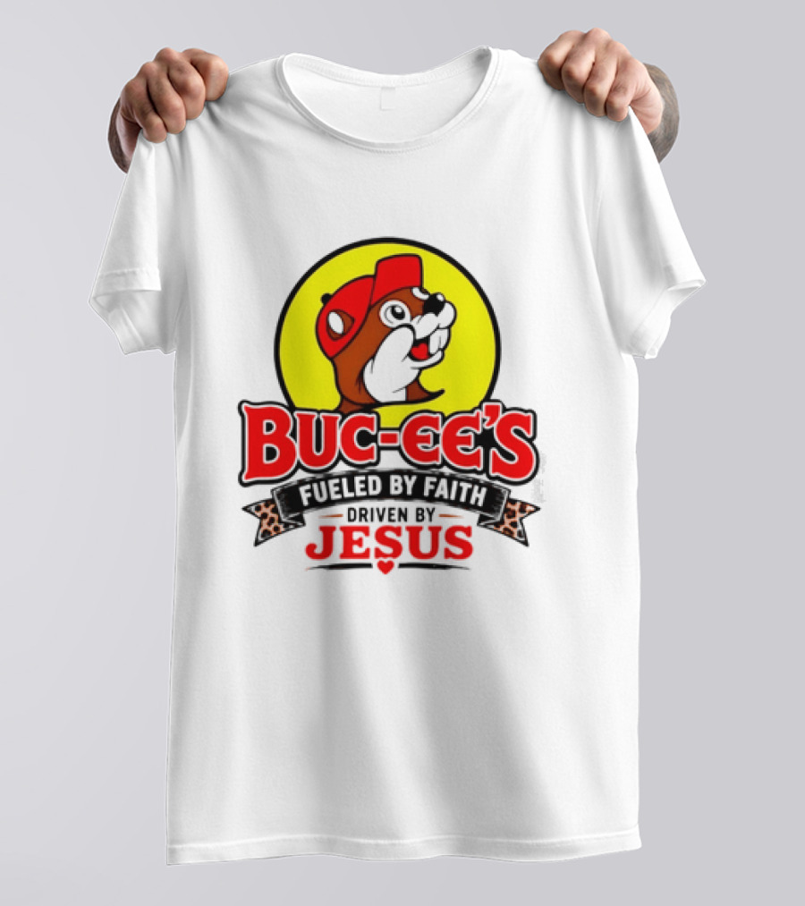 Buc Ee's Fueled By Faith Driven By Jesus Yellow Circle Red Cap T-Shirt